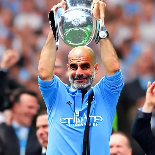 Image similar to High quality front photo of Pep Guardiola lifting a champions league trophy