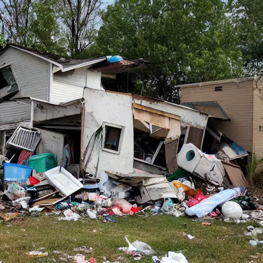 Prompt: a run down house with stacks of trash 1 0 feet high in front of the house. run down house is in a suburban neighborhood in america.