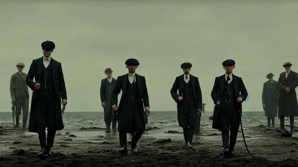 Image similar to the peaky blinders with shrimps instead of heads coming out of the ocean film still from the movie directed by denis villeneuve with art direction by zdzis