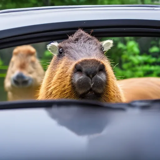 Prompt: photo of a capybara driving a car, DSLR 35mm, photography