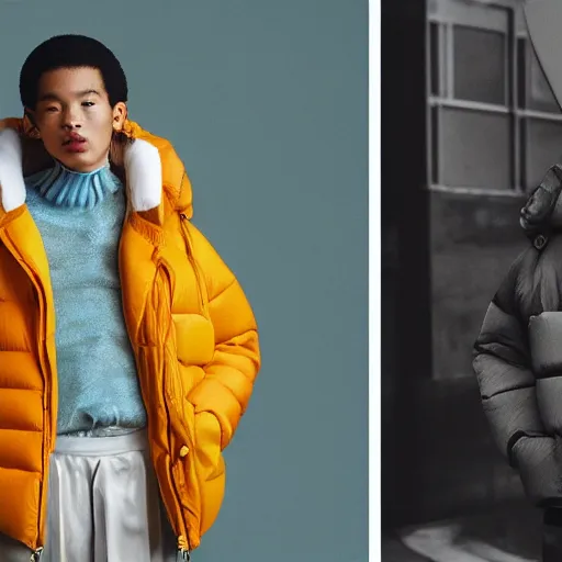 Image similar to realistic photoshooting for a new balenciaga lookbook, color film photography, portrait of a blonde asian woman, model wearing a puffer jacket, photo in style of tyler mitchell, 3 5 mm,