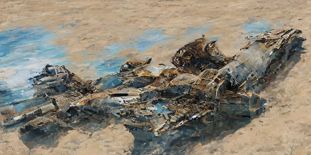 Prompt: rusty wreckage of a mysterious combat spaceship crashed on a beach, four winds, plasma phasers, rocket pods, missiles, two thrusters, sea, sand, grass, sand hills, beautiful blue sky, photography, natural light, golden hour, ultra detailed, photorealistic, by annie leibowitz