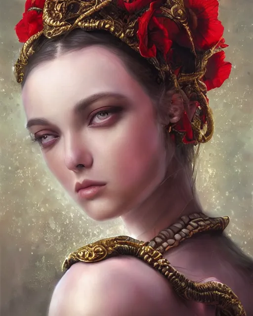 Image similar to portrait of the strangly beautiful young goddess of poppy, surreal, fantasy, intricate, elegant, dramatic lighting, emotionally evoking symbolic metaphor, highly detailed, lifelike, photorealistic, digital painting, painterly, artstation, concept art, smooth, head in focus, sharp focus, illustration, art by John Collier and Krenz Cushart and Artem Demura and Alphonse Mucha and Albert Aublet,