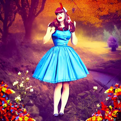 Prompt: giant alice in wonderland, pin up, houses, trees, mountains, woman, city, digital art, photo, blue dress, photoshop, flowers, collage, river