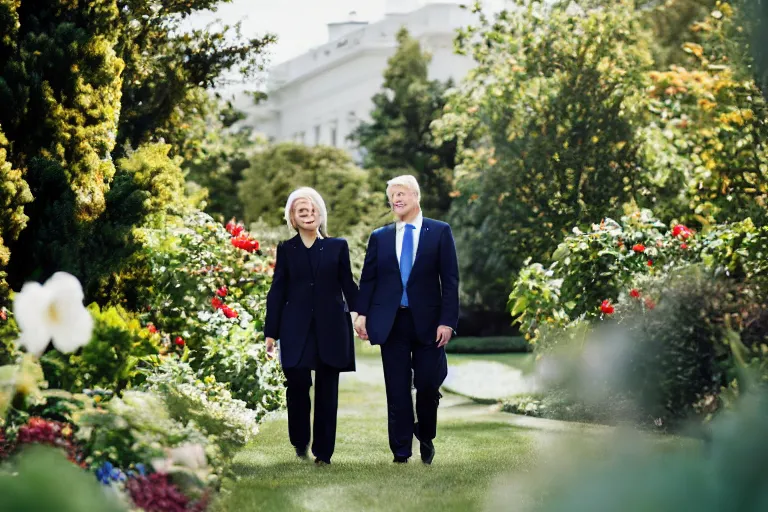 Prompt: 3 5 year old blonde female president, walking in the white house rose garden, holding hands with her two younger boyfriends, professional photo, dslr, bokeh