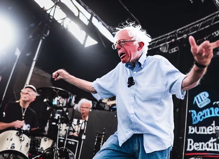 Image similar to photo still of bernie sanders at vans warped tour!!!!!!!! at age 8 0 years old 8 0 years of age!!!!!!! on stage shredding guitar, 8 k, 8 5 mm f 1. 8, studio lighting, rim light, right side key light