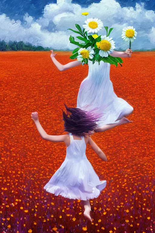 Prompt: giant white daisy flower head, girl jumping in a flower field, surreal photography, sunrise, dramatic light, impressionist painting, colorful clouds, digital painting, artstation, simon stalenhag