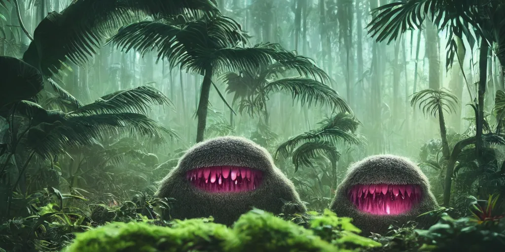 Prompt: of an intricate hazy jungle with strange cute friendly funny creatures with huge eyes, long tongue, square teeth and funny face appearing from the foliage, in the style of mike winkelmann, macro lens, shallow depth of field, highly detailed, digital painting, trending artstation, concept art, illustration, cinematic lighting, vibrant colors, photorealism, epic, octane render