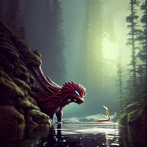 Image similar to ( ( pokemon ) ) creature creature in alaska, backlit, water reflection, warm tones : : by michal karcz, daniel merriam, victo ngai and guillermo del toro : : ornate, dynamic, particulate, intricate, elegant, highly detailed, centered, artstation, smooth, sharp focus, octane render, 3 d