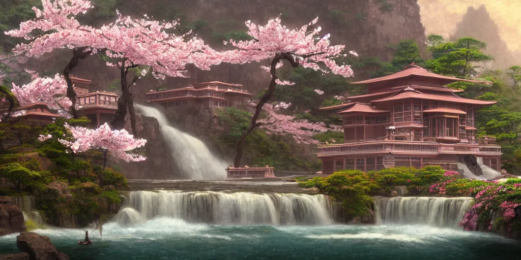 Image similar to a beautiful rendering of an art deco Shangri-la brownstone temple on a platform that extends over a great waterfall, Sakura cherry blossoms , by Albert bierstadt and jonas de ro and studio ghibli, trending on artstation-H 576