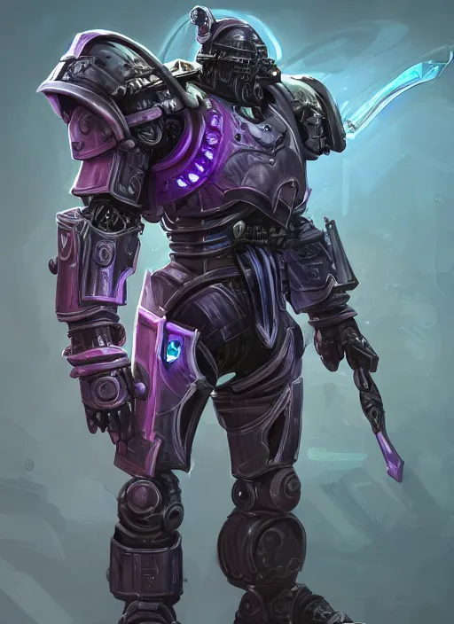 Prompt: a highly detailed illustration of dieselpunk cyber knight with machine gun arms, rigid bulky armor, purple glowing core in armor, dramatic standing pose, intricate, elegant, highly detailed, centered, digital painting, artstation, concept art, smooth, sharp focus, league of legends concept art, WLOP