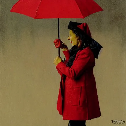 Prompt: woman with red coat and cyan umbrella, by norman rockwell