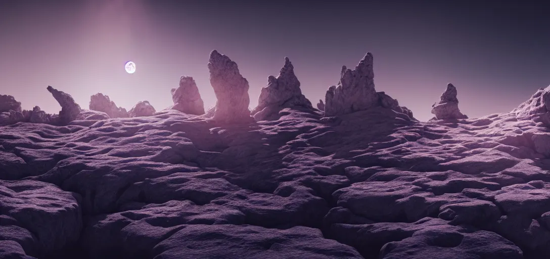 Image similar to octane render uhd, filmic lighting, cinematic art shot, hyperrealistic, hyperdetailed, super detailed, 8 k, high resolution, moon landscape, white rocks made of bone, 8 k uhd matte painting, mega high white mountain, midnight