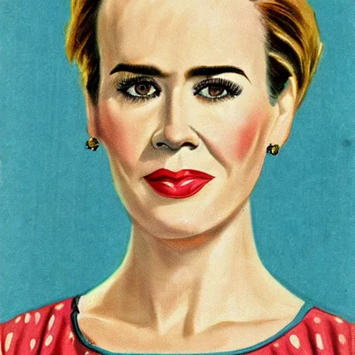 Image similar to “Sarah Paulson portrait, color vintage magazine illustration 1950”