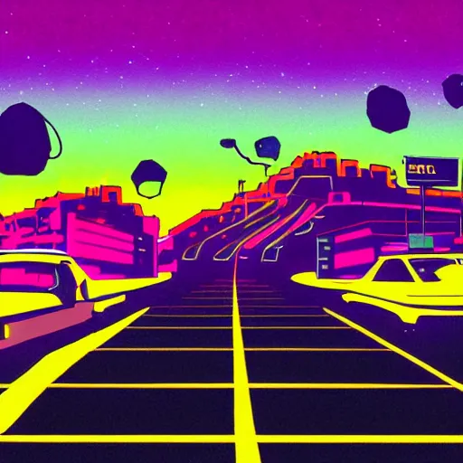 Prompt: car driving down a road towards a city. Neon punk. Digital Painting. Vaporwave. 80s.