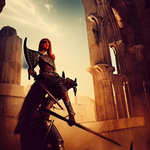 Image similar to portrait of a young persian Knights of Zodiac girl, wings, fighting at ancinet Agora of Athens, ruins, cyberpunk cathedral, Golden Light, 8K, trending on artstation, volumetric light, lightrays, smoke, cinematic, atmospheric, insanely detailed and intricate, hypermaximalist, elegant, trending on WLOP artstation, super detailed