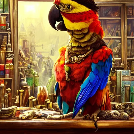 Prompt: A Anthropomorphized friendly parrot trader in his shop, selling his wares, portrait, items, gold, carpet, window, sly expression, cunning expression, presenting wares, holding a gold bag, D&D, fantasy, cinematic lighting, highly detailed, digital painting, artstation, concept art, smooth, sharp focus, illustration, warm light, cozy warm tint, magic the gathering artwork, volumetric lighting, 8k, art by Akihiko Yoshida, Greg Rutkowski