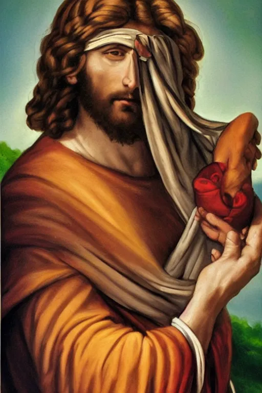 Image similar to painting of jesus christ with blindfold!!!!!! holding cornucopia!!!!!!