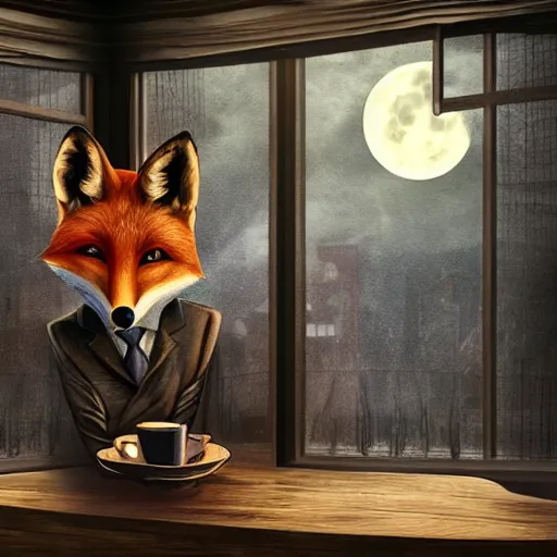 Image similar to humanoid fox detective in an evil restaurant. dark, gothic, moonlight through window. fine art, masterpiece digital painting, 4 k