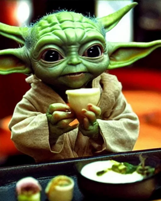 Prompt: baby yoda eating an alien squid thing in the style of dae - su eating an octopus at the sushi bar in oldboy