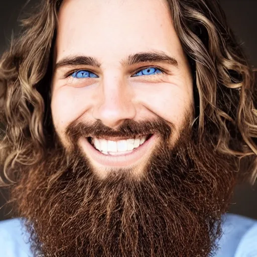 Image similar to caucasian face, long brown hair, bad skin, beard, skinny, blue eyes, smiling, ultrarealistic