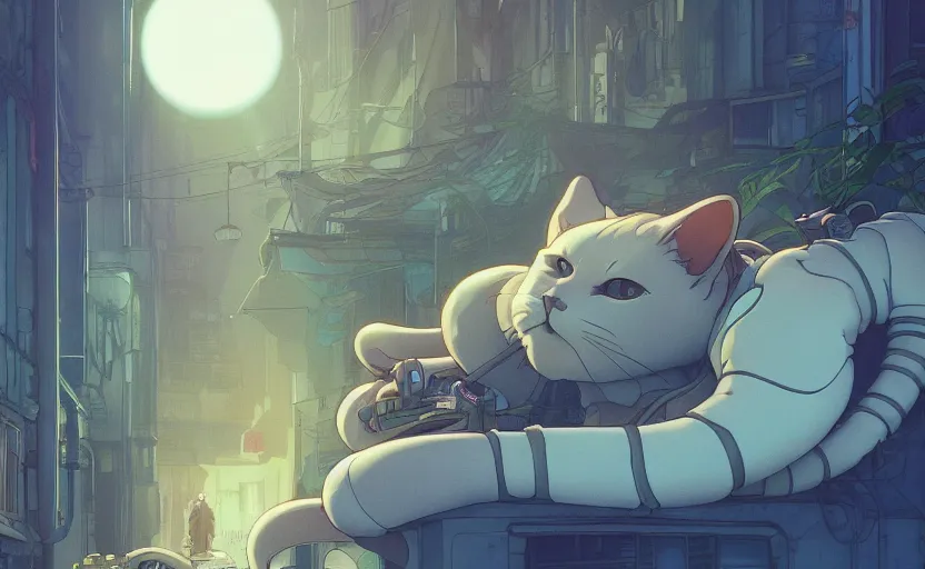 Image similar to an alien cat sleeping in a alleyway in a space opera utopian studio ghibli animated film, highly accurate cat, volumetric lighting, octane render by artgerm, alphonse mucha, loish, alena aenami, highly detailed