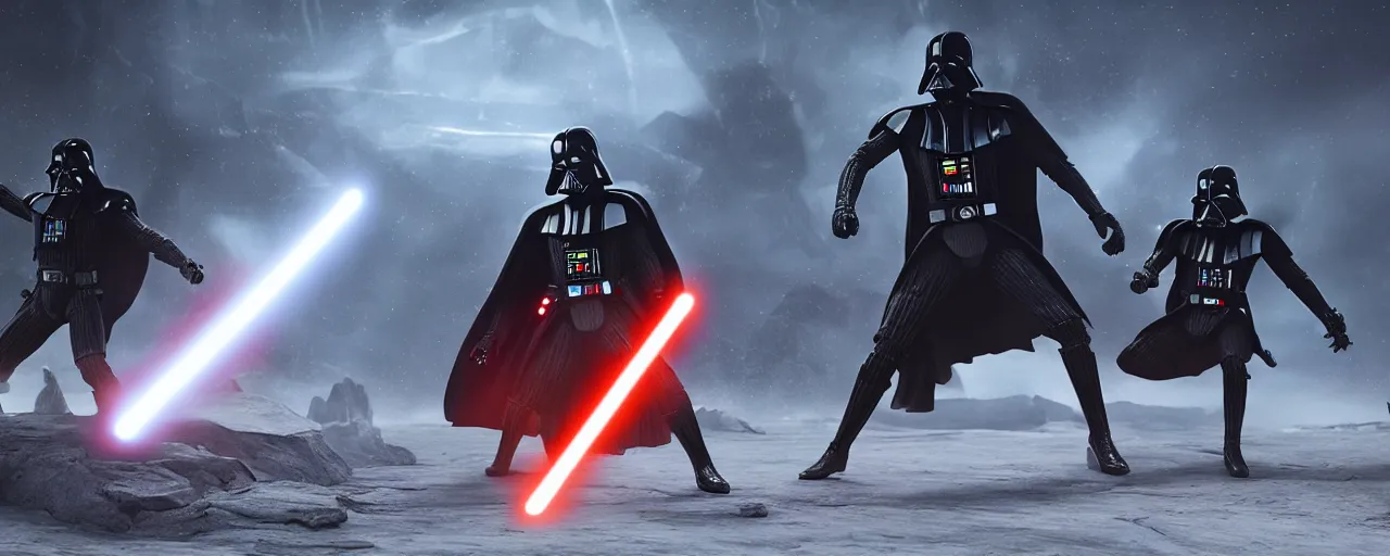 Image similar to darth vader and obi wan kenobi fighting with lightsaber on alien landscape, 8 k uhd, unreal engine, octane render in the artstyle of finnian macmanus, john park and greg rutkowski