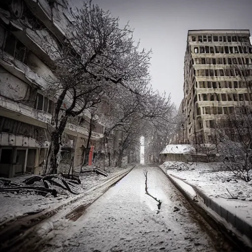 Image similar to the nuclear chaos in the snowy empty streets of ukraine, nature taking over, brutalist, tilt shift, 8k, award winning photography