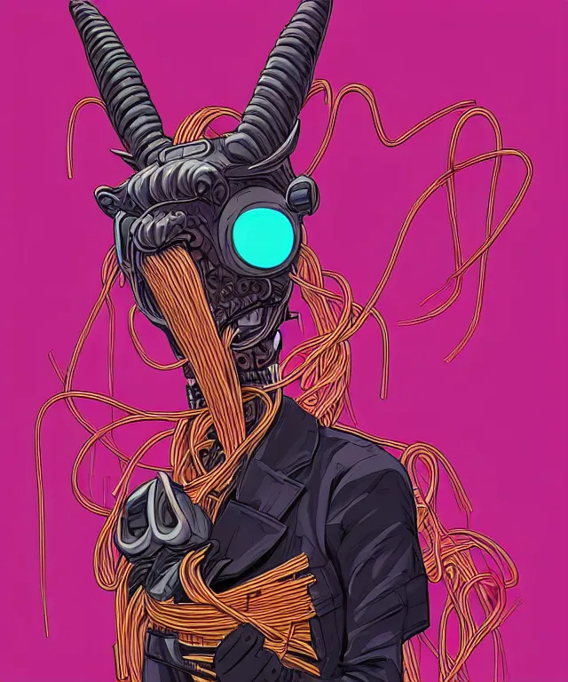 Image similar to a portrait of an anthropomorphic cyberpunk goat eating spaghetti, cyberpunk!, fantasy, elegant, digital painting, artstation, concept art, matte, sharp focus, illustration, art by josan gonzalez