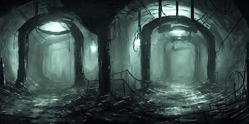 Prompt: the underground of zaun from the netflix series arcane, dark atmosphere, dystopian, in the style of arcane