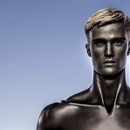 Image similar to a realistic detailed photo of a guy who is an attractive humanoid who is half robot and half humanoid, who is a male android, soccer player martin ødegaard, shiny skin, posing like a statue, blank stare, by the pool, on display, showing off his muscles, humanoid robot, frozen ice statue