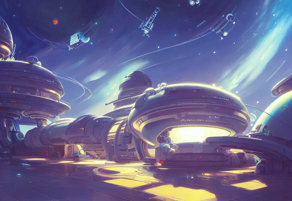 Image similar to a small chubby futuristic space station, intricate oil painting, high detail illustration, sharp high detail, manga and anime 1 9 9 9, official fanart behance hd artstation by jesper ejsing and makoto shinkai, 4 k,