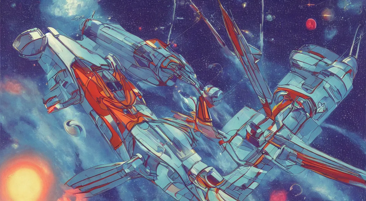 Prompt: A spaceship sailing through the universe, 80s sci-fi, Retro futurism