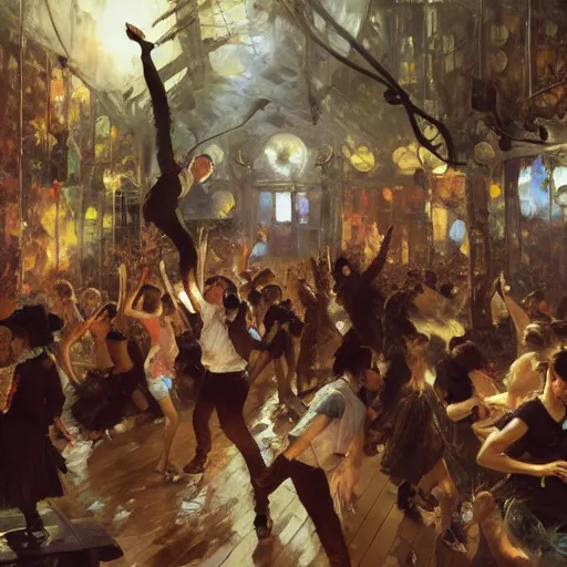 Image similar to rave dance party by andreas achenbach, yoshitaka amano, arthur adams, charlie bowater, leonid afremov, chiho ashima, karol bak, david bates, tom chambers