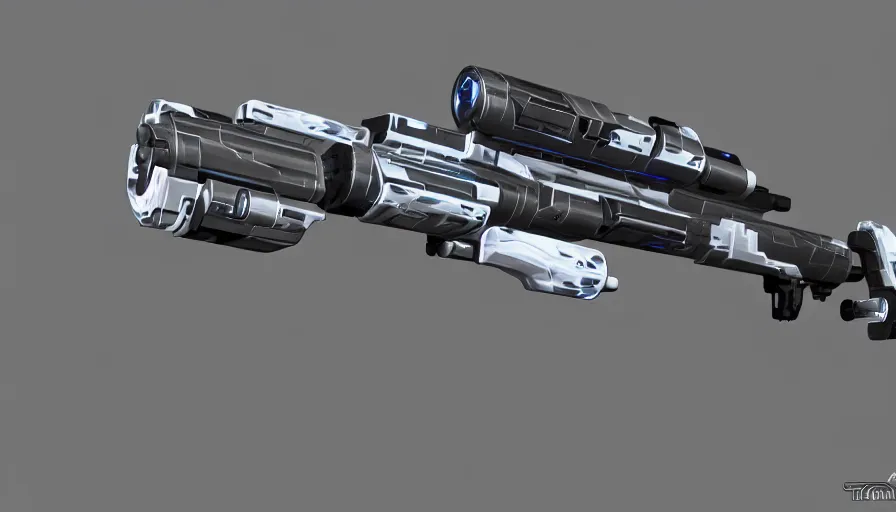 Image similar to extremely detailed realistic side view of a sci fi laser machine gun, detailed trigger, chemically propelled, pattery powered, smooth streamline, battery and wires, railgun, tribarrel, gauss, elegant sleek smooth body, white paint, smooth utopian design, ultra high quality, minimalist, octane, cod, destiny, warframe, terminator