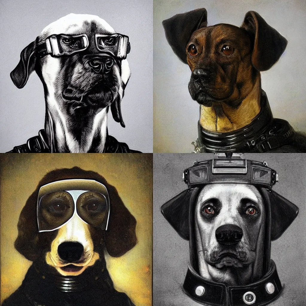 Prompt: dog cyborg cop portrait by rembrandt