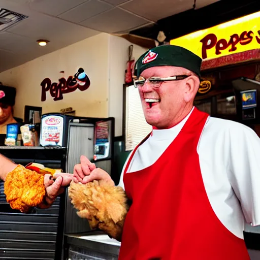 Image similar to a photograph of a reallife popeye the sailor man handing fried chicken to a customer at a popeye's chicken restaurant. he is behind the counter wearing a uniform