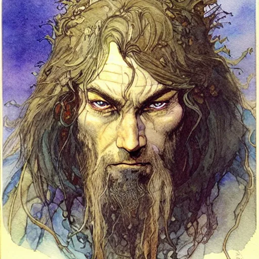 Image similar to a realistic and atmospheric watercolour fantasy character concept art portrait of ian mc kellen as a druidic warrior wizard looking at the camera with an intelligent gaze by rebecca guay, michael kaluta, charles vess and jean moebius giraud