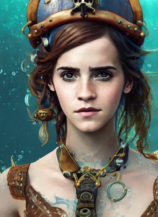 Image similar to underwater pirate steampunk portrait of emma watson, hyper detailed, digital art, cinematic lighting, studio quality, smooth render, unreal engine 5, octane rendered, art style by klimt and nixeu and ian sprigger and wlop and krenz cushart.