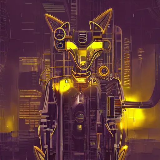 Image similar to a mechanical fox, hydraulic joints, yellow and white construct, stylised cyberpunk, digital fantasy art