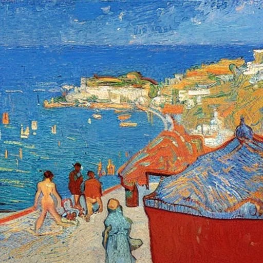 Prompt: rich and indulgent oil paint impasto reliefs, positano beach scene, an artwork by charles w. bartlett and jackson pollack and colin campbell cooper and very slight influence of van gogh