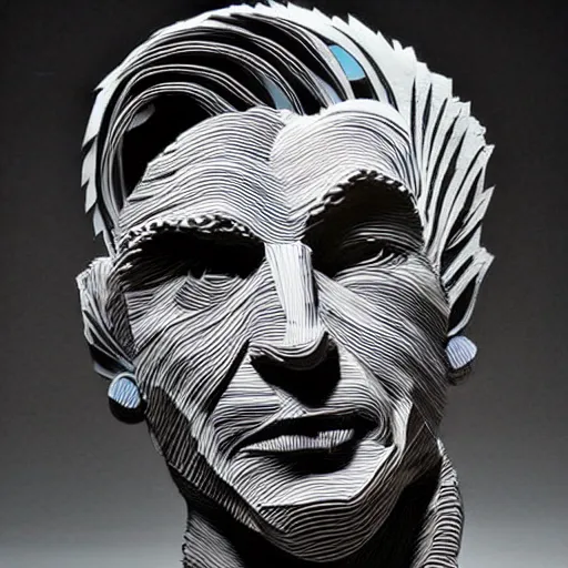 Image similar to a cut paper sculpture that looks like william shatter as captain kirk