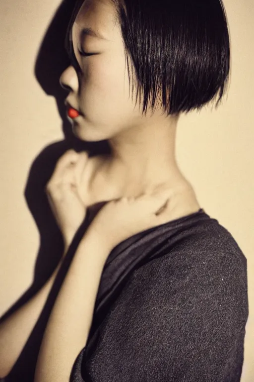 Image similar to a beautiful gorgeous Japanese edgy model girl with short hair, she's sad by Guy Bourdin, sunset, street of Hong Kong, 80mm lens, 1.2 aperture, grainy image, close up, cinematic light, very detailed, depressing atmosphere, cover magazine