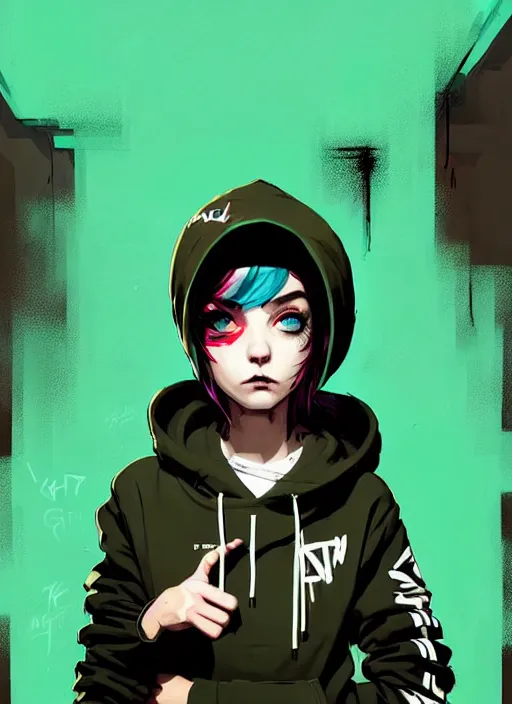 Image similar to highly detailed portrait of a sewer punk lady student, blue eyes, tartan hoody, black hair by atey ghailan, by greg rutkowski, by greg tocchini, by james gilleard, by joe fenton, by kaethe butcher, gradient green, black, brown and magenta color scheme, grunge aesthetic!!! ( ( graffiti tag wall background ) )