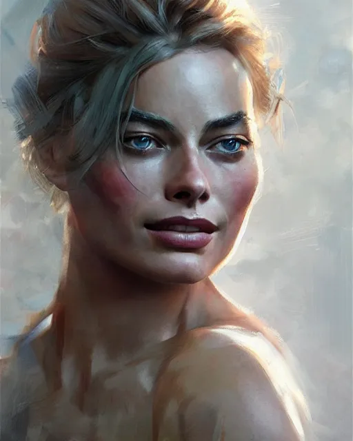 Image similar to Full view realistic portrait of actress margot robbie, masterpiece by Craig Mullins Artgerm in the style of Ruan Jia, wlop, Ross Tran, detailed and realistic, soft lighting, intricate details, realistic, full view, Artstation, CGsociety