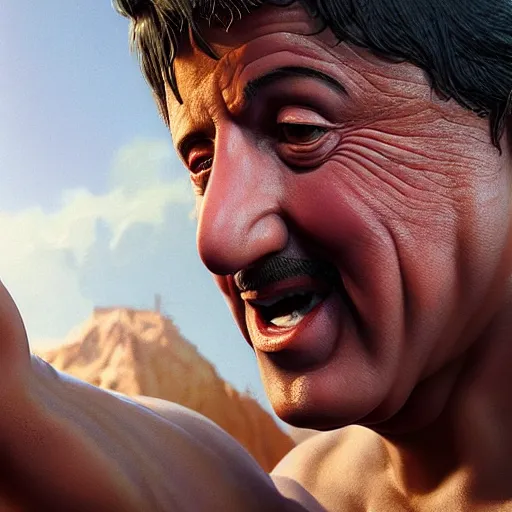 Image similar to stallone as happy potatoe, by ilya kuvshinov, rtx rendering, octane render 1 2 8 k, maya, extreme high intricate details by tom bagshaw, medium shot, close up shot, composition by sana takeda, lighting by greg rutkowski