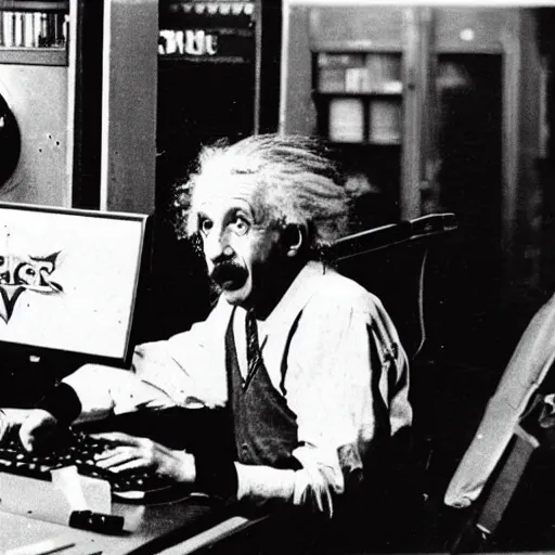 Image similar to vintage photo of albert einstein playing league of legends at an internet cafe, circa 1 6 0 0, award - winning shot