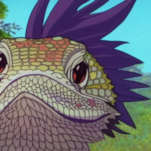 Image similar to beautiful illustration of a bearded dragon looking up lovingly at a young french woman with purple hair. animation frame from the studio ghibli film by miyazaki.