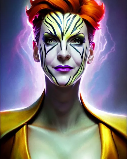 Image similar to moira from overwatch, lightning bolt face paint, character portrait, portrait, close up, highly detailed, intricate detail, amazing detail, sharp focus, vintage fantasy art, vintage sci - fi art, radiant light, caustics, by boris vallejo