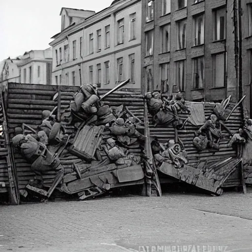 Image similar to Minions barricade themselves on Berlin preparing for the defense of the city against the soviets, Berlin's last stand, second world war, 1945, award winning, historical footage